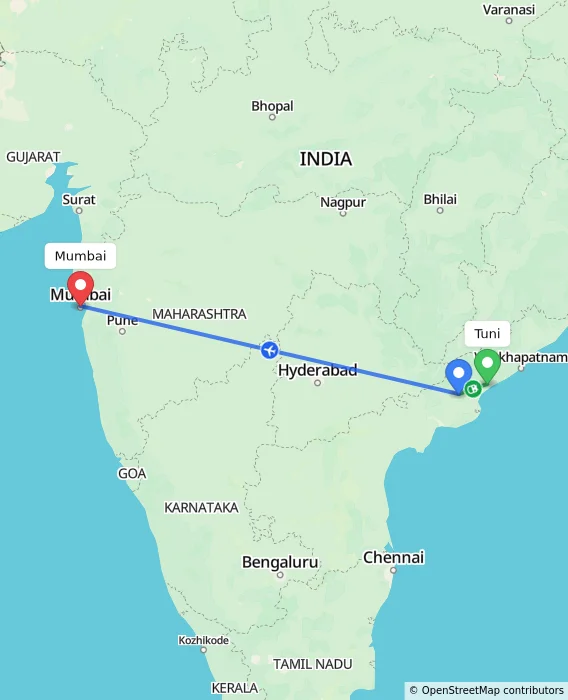 Route map showing distance and travel time from Tuni, India to Mumbai, India