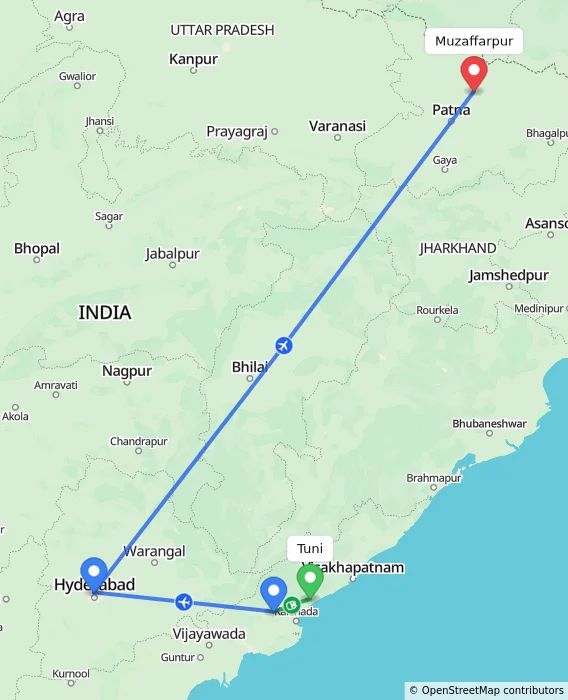 Route map showing distance and travel time from Tuni, India to Muzaffarpur, India