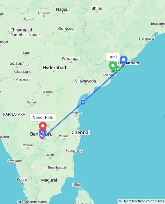 Route map showing distance and travel time from Tuni, India to Nandi Hills, India