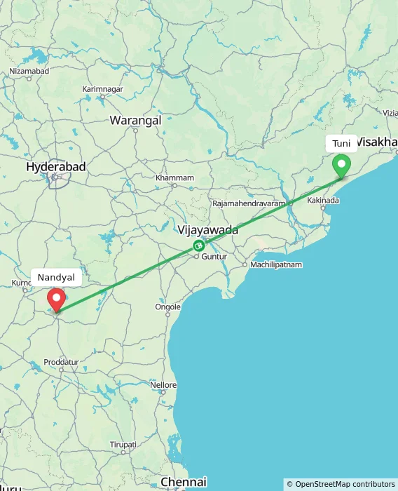 Route map showing distance and travel time from Tuni, India to Nandyal, India