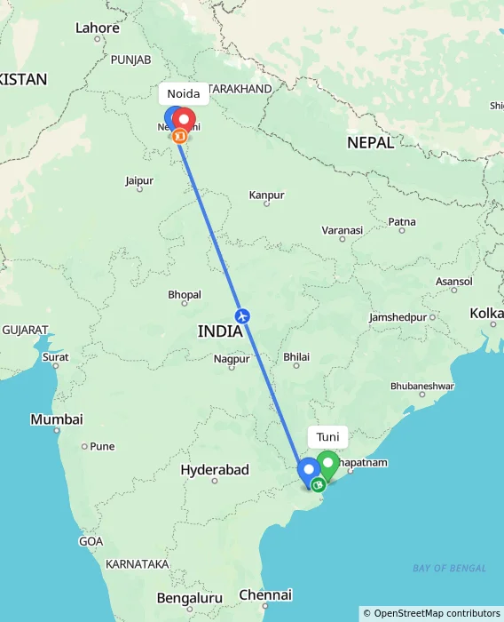 Route map showing distance and travel time from Tuni, India to Noida, India