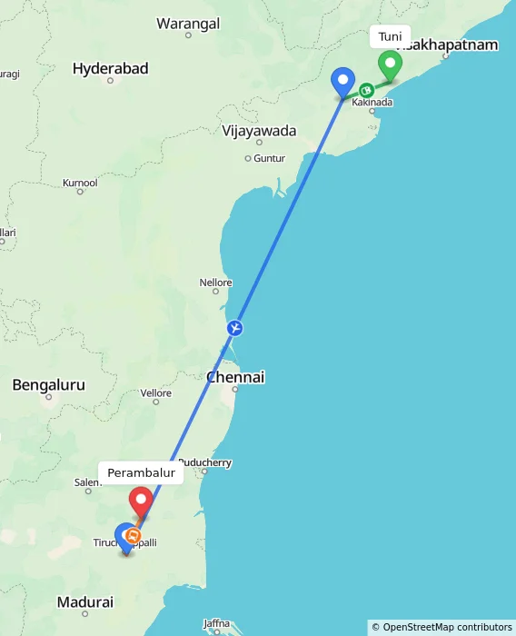 Route map showing distance and travel time from Tuni, India to Perambalur, India
