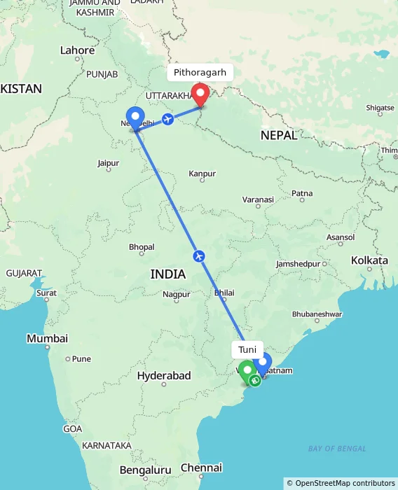 Route map showing distance and travel time from Tuni, India to Pithoragarh, India