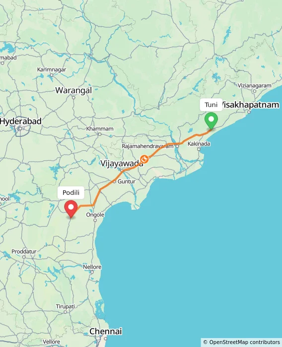 Route map showing distance and travel time from Tuni, India to Podili, India