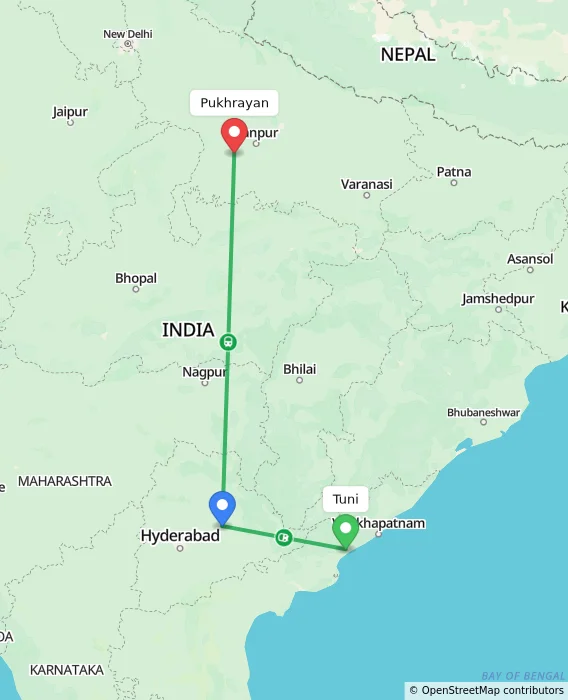 Route map showing distance and travel time from Tuni, India to Pukhrayan, India