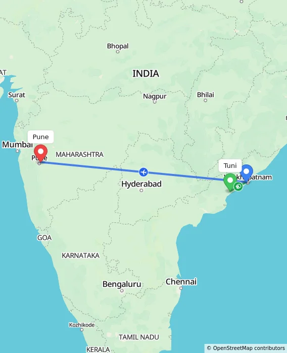 Route map showing distance and travel time from Tuni, India to Pune, India
