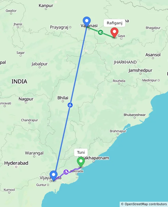 Route map showing distance and travel time from Tuni, India to Rafiganj, India