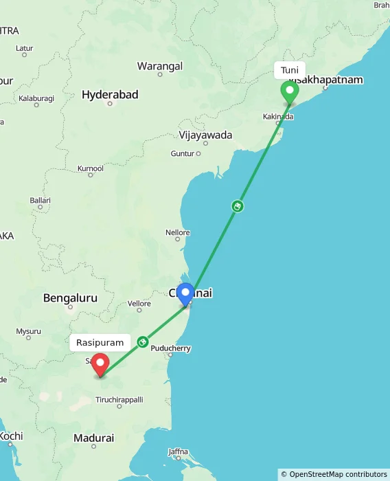 Route map showing distance and travel time from Tuni, India to Rasipuram, India