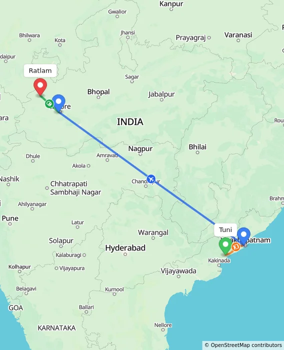 Route map showing distance and travel time from Tuni, India to Ratlam, India