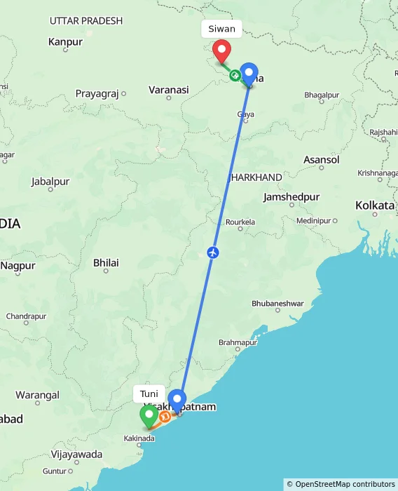 Route map showing distance and travel time from Tuni, India to Siwan, India