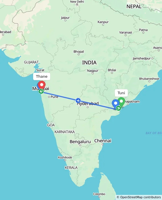 Route map showing distance and travel time from Tuni, India to Thane, India