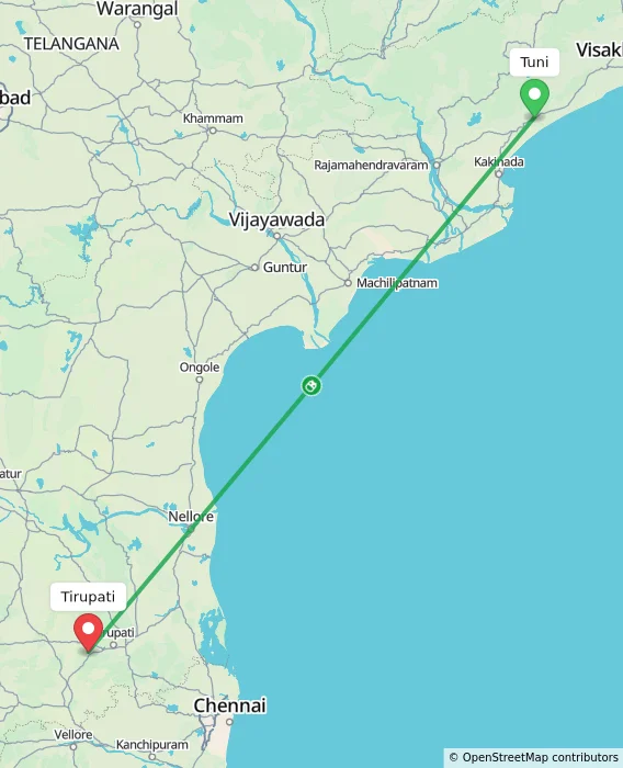 Route map showing distance and travel time from Tuni, India to Tirupati, India