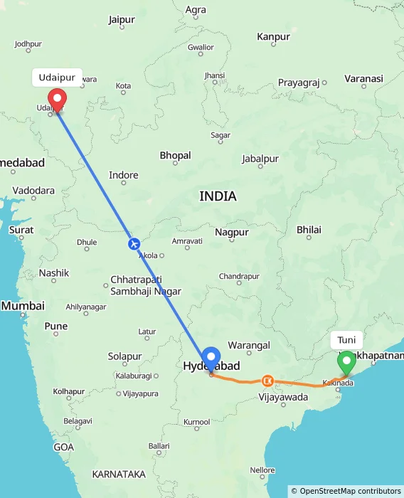 Route map showing distance and travel time from Tuni, India to Udaipur, India