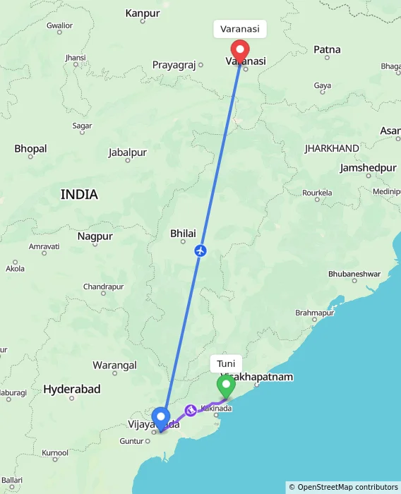 Route map showing distance and travel time from Tuni, India to Varanasi, India