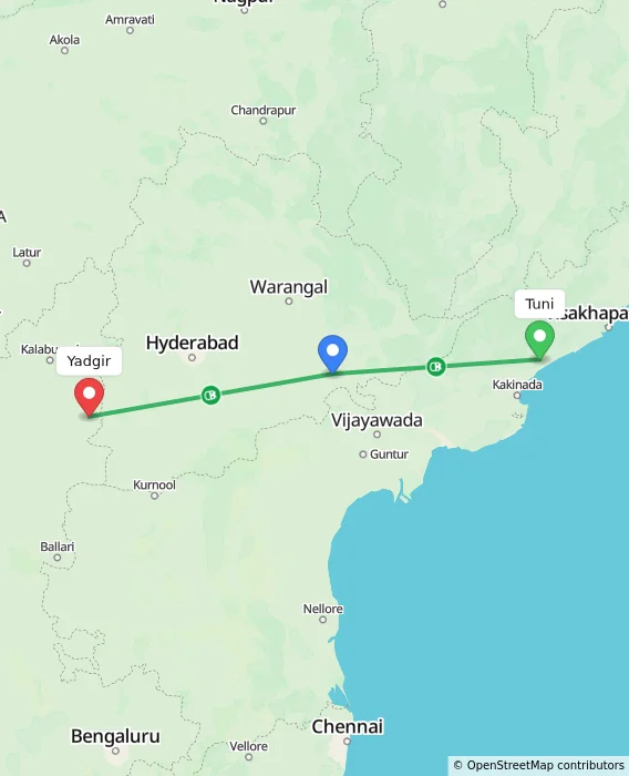 Route map showing distance and travel time from Tuni, India to Yadgir, India