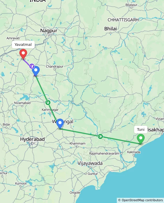 Route map showing distance and travel time from Tuni, India to Yavatmal, India