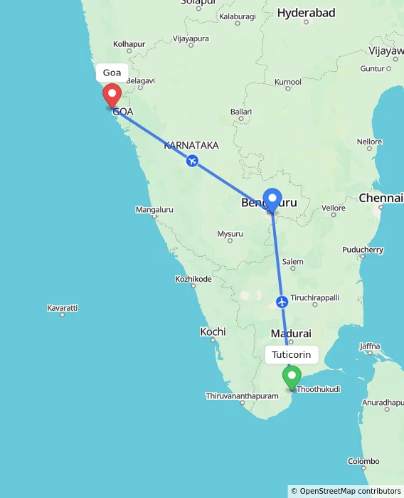 Route map showing distance and travel time from Tuticorin, India to Goa, India