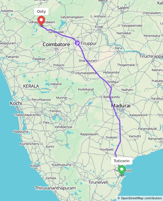 Route map showing distance and travel time from Tuticorin, India to Ooty, India