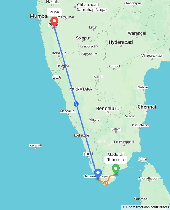 Route map showing distance and travel time from Tuticorin, India to Pune, India