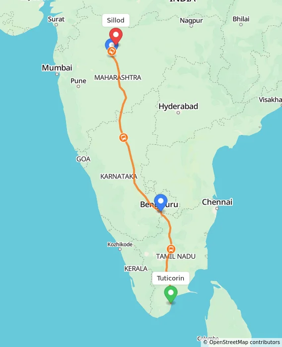 Route map showing distance and travel time from Tuticorin, India to Sillod, India