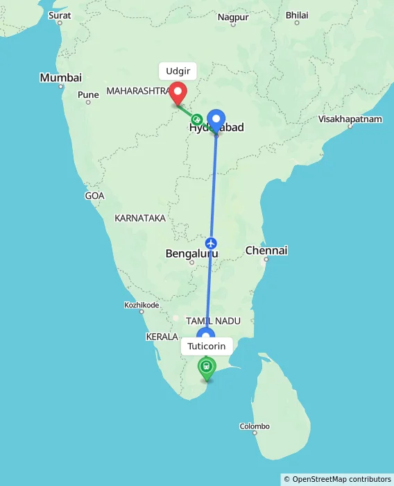 Route map showing distance and travel time from Tuticorin, India to Udgir, India