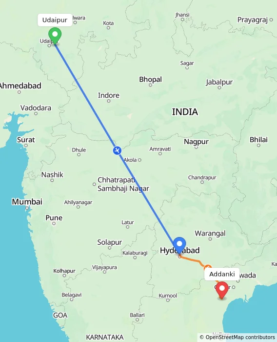 Route map showing distance and travel time from Udaipur, India to Addanki, India