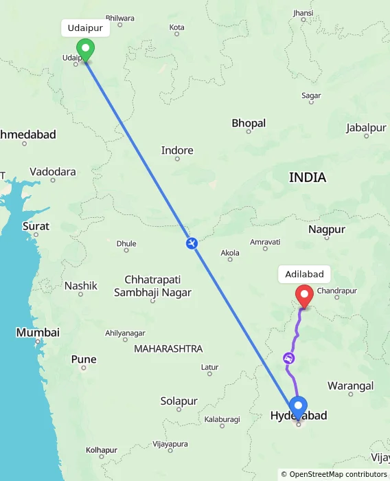 Route map showing distance and travel time from Udaipur, India to Adilabad, India