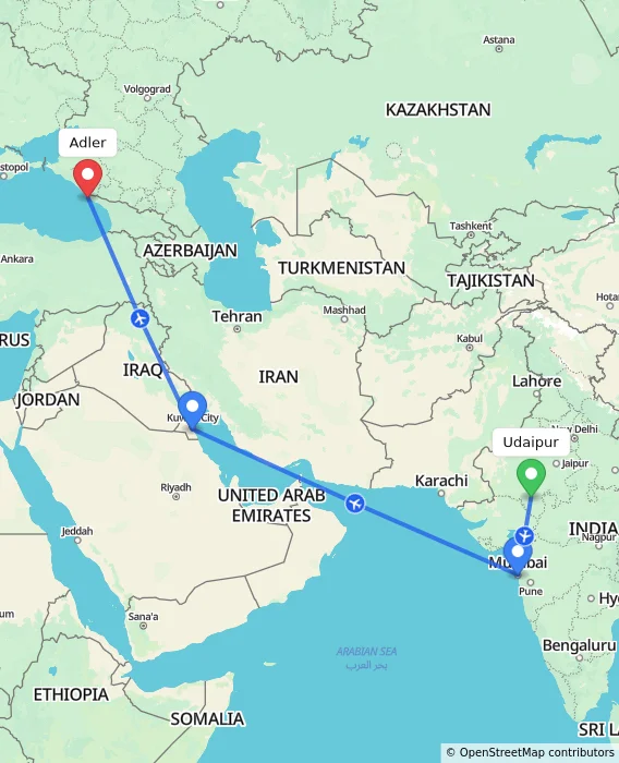 Route map showing distance and travel time from Udaipur, India to Adler, Russian Federation