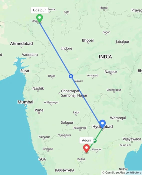Route map showing distance and travel time from Udaipur, India to Adoni, India