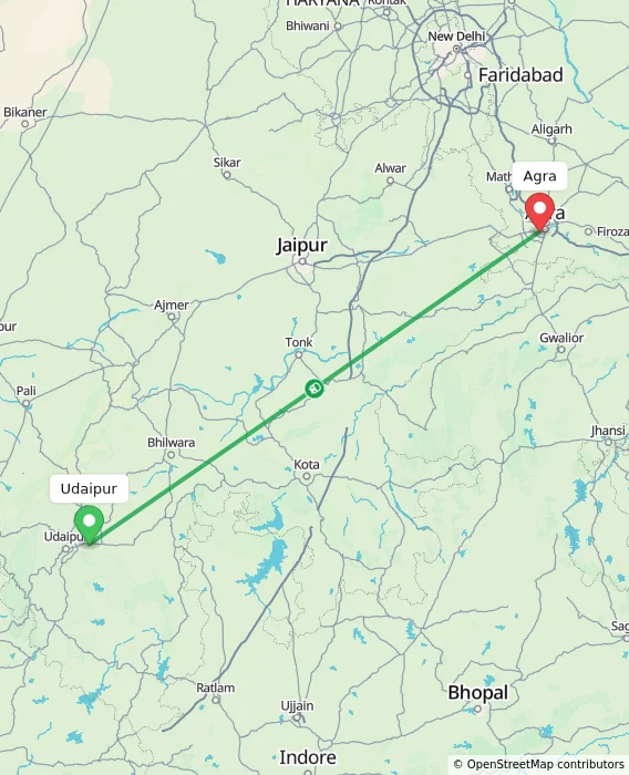 Route map showing distance and travel time from Udaipur, India to Agra, India