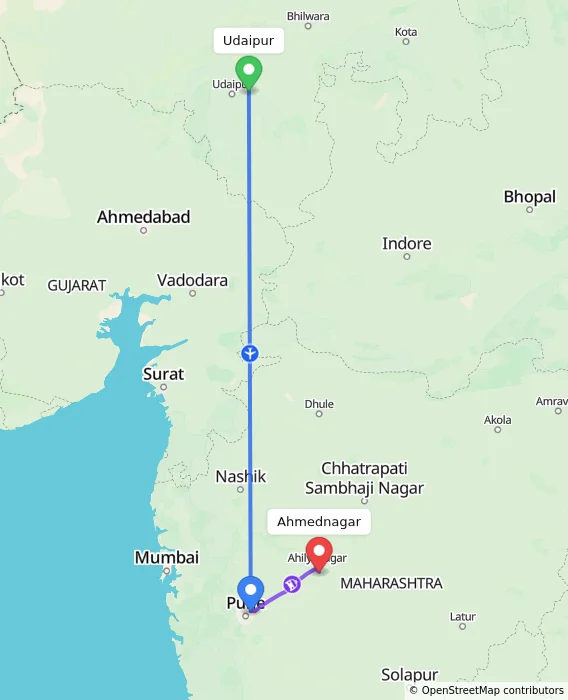 Route map showing distance and travel time from Udaipur, India to Ahmednagar, India