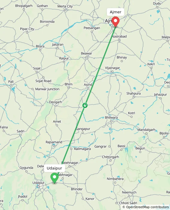 Route map showing distance and travel time from Udaipur, India to Ajmer, India
