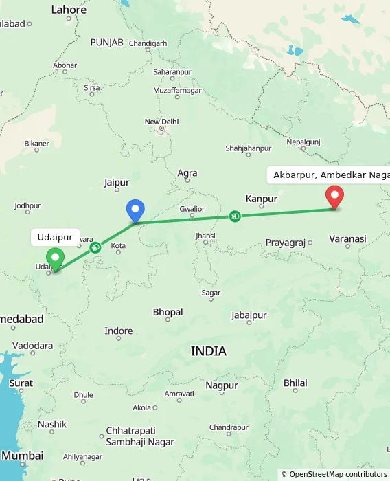 Route map showing distance and travel time from Udaipur, India to Akbarpur, Ambedkar Nagar, India
