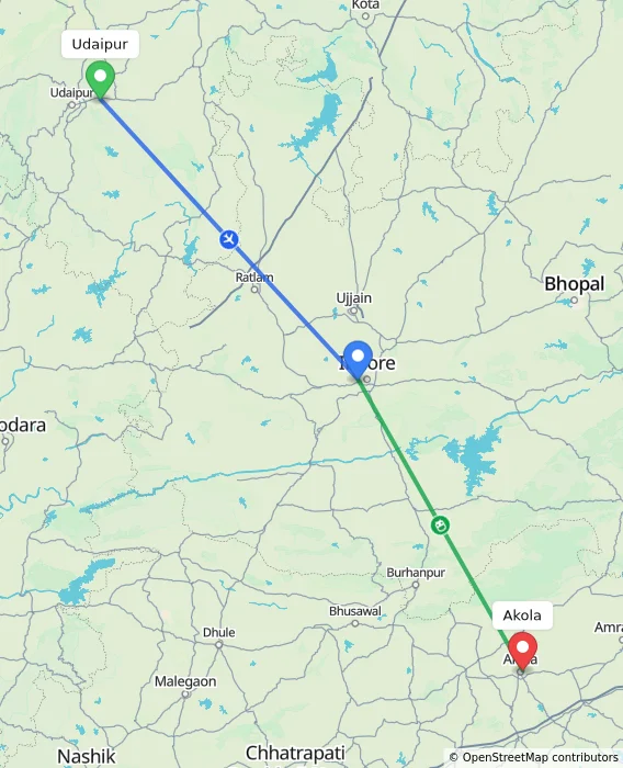 Route map showing distance and travel time from Udaipur, India to Akola, India