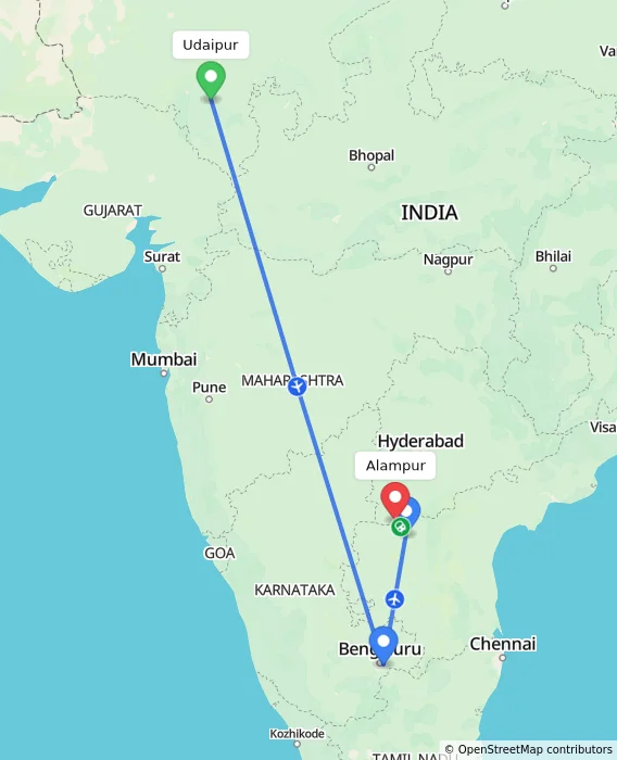 Route map showing distance and travel time from Udaipur, India to Alampur, India