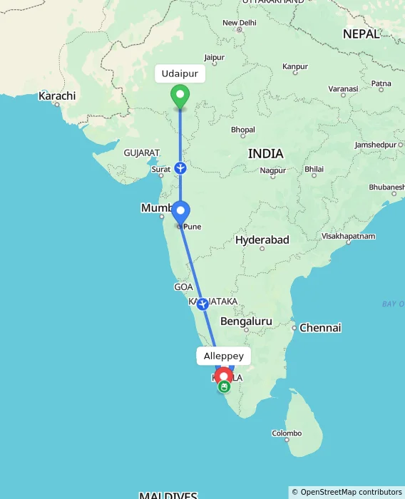 Route map showing distance and travel time from Udaipur, India to Alappuzha, India