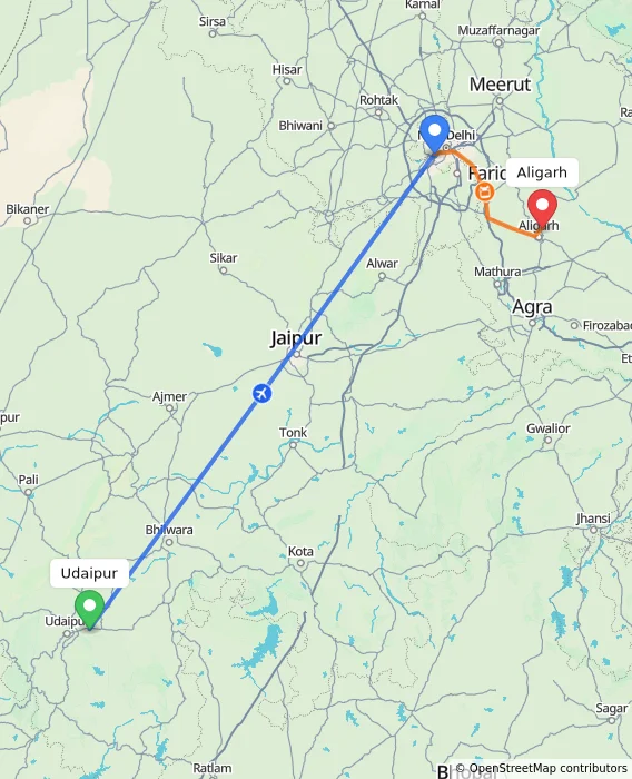 Route map showing distance and travel time from Udaipur, India to Aligarh, India