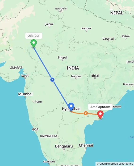 Route map showing distance and travel time from Udaipur, India to Amalapuram, India