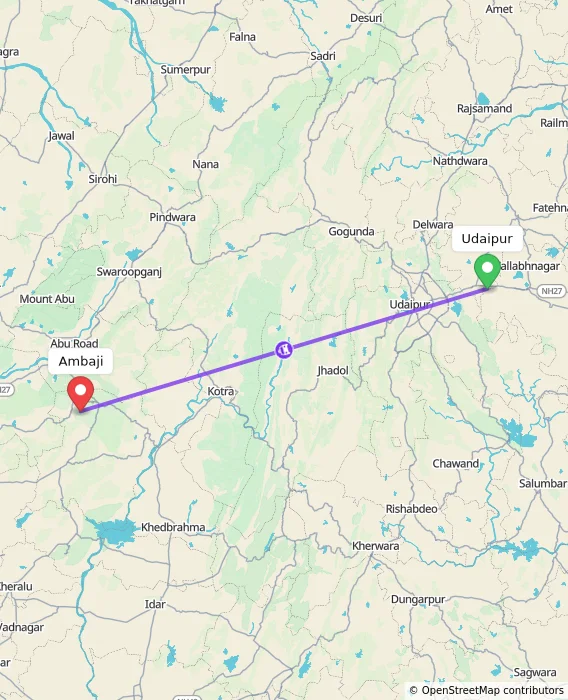 Route map showing distance and travel time from Udaipur, India to Ambaji, India
