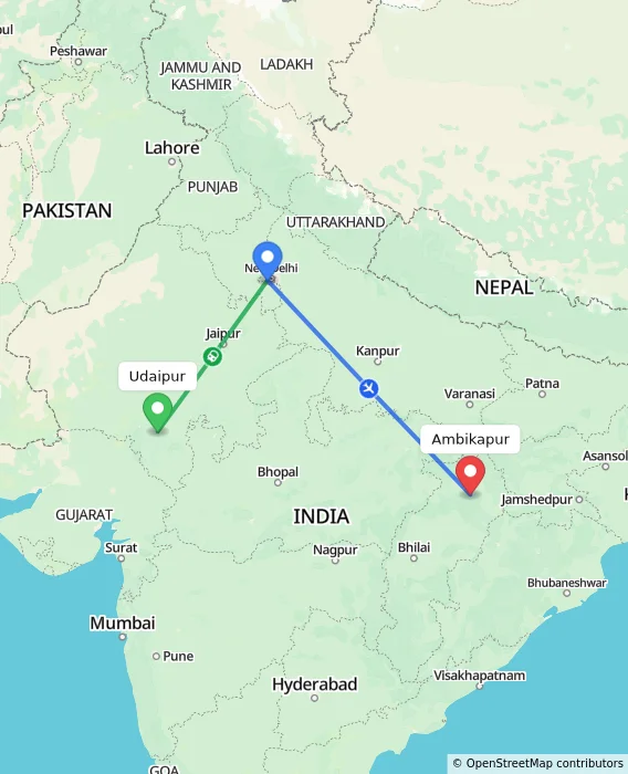 Route map showing distance and travel time from Udaipur, India to Ambikapur, India