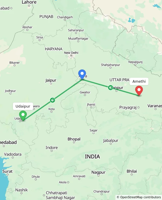 Route map showing distance and travel time from Udaipur, India to Amethi, India