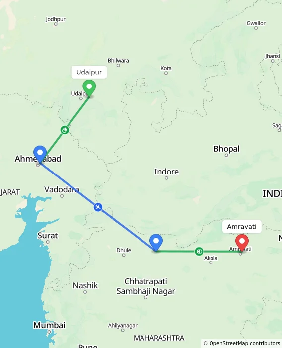 Route map showing distance and travel time from Udaipur, India to Amravati, India