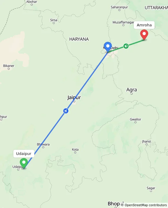 Route map showing distance and travel time from Udaipur, India to Amroha, India