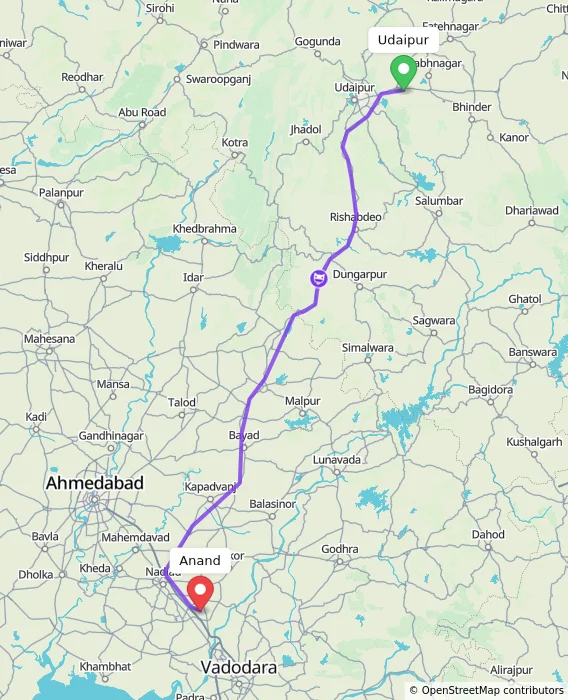 Route map showing distance and travel time from Udaipur, India to Anand, India