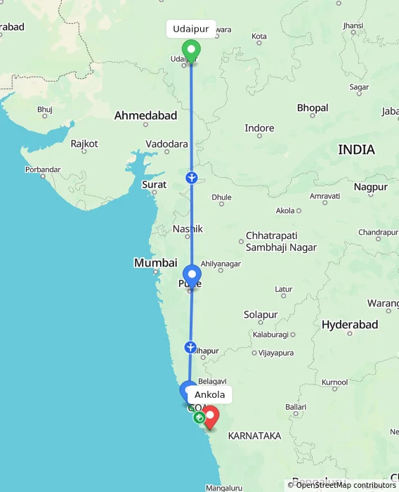 Route map showing distance and travel time from Udaipur, India to Ankola, India