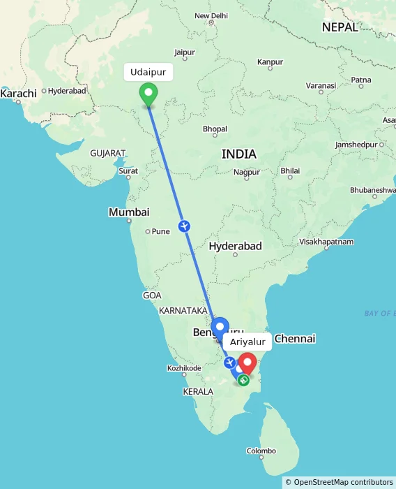 Route map showing distance and travel time from Udaipur, India to Ariyalur, India