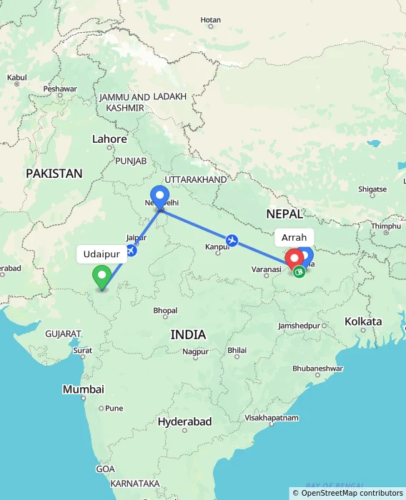 Route map showing distance and travel time from Udaipur, India to Arrah, India