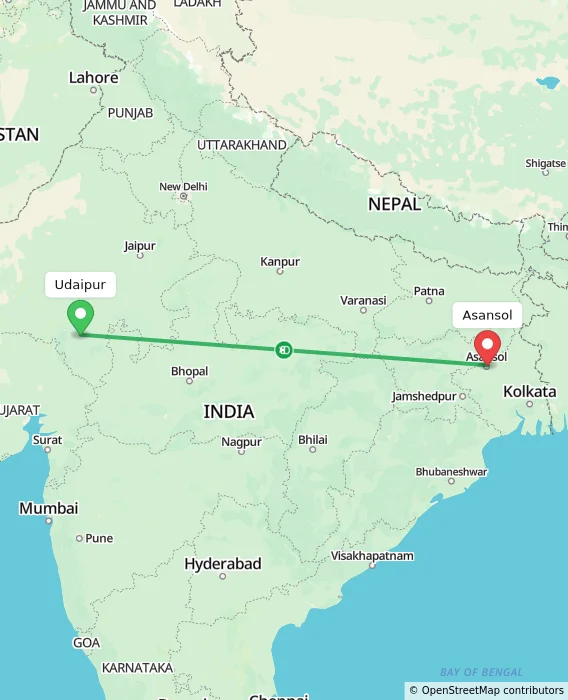 Route map showing distance and travel time from Udaipur, India to Asansol, India