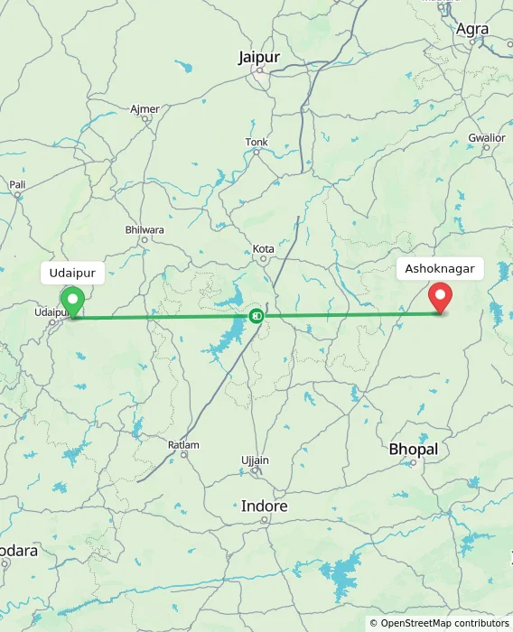 Route map showing distance and travel time from Udaipur, India to Ashoknagar, India