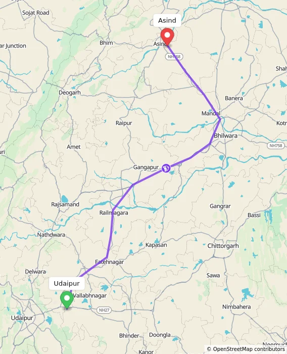 Route map showing distance and travel time from Udaipur, India to Asind, India